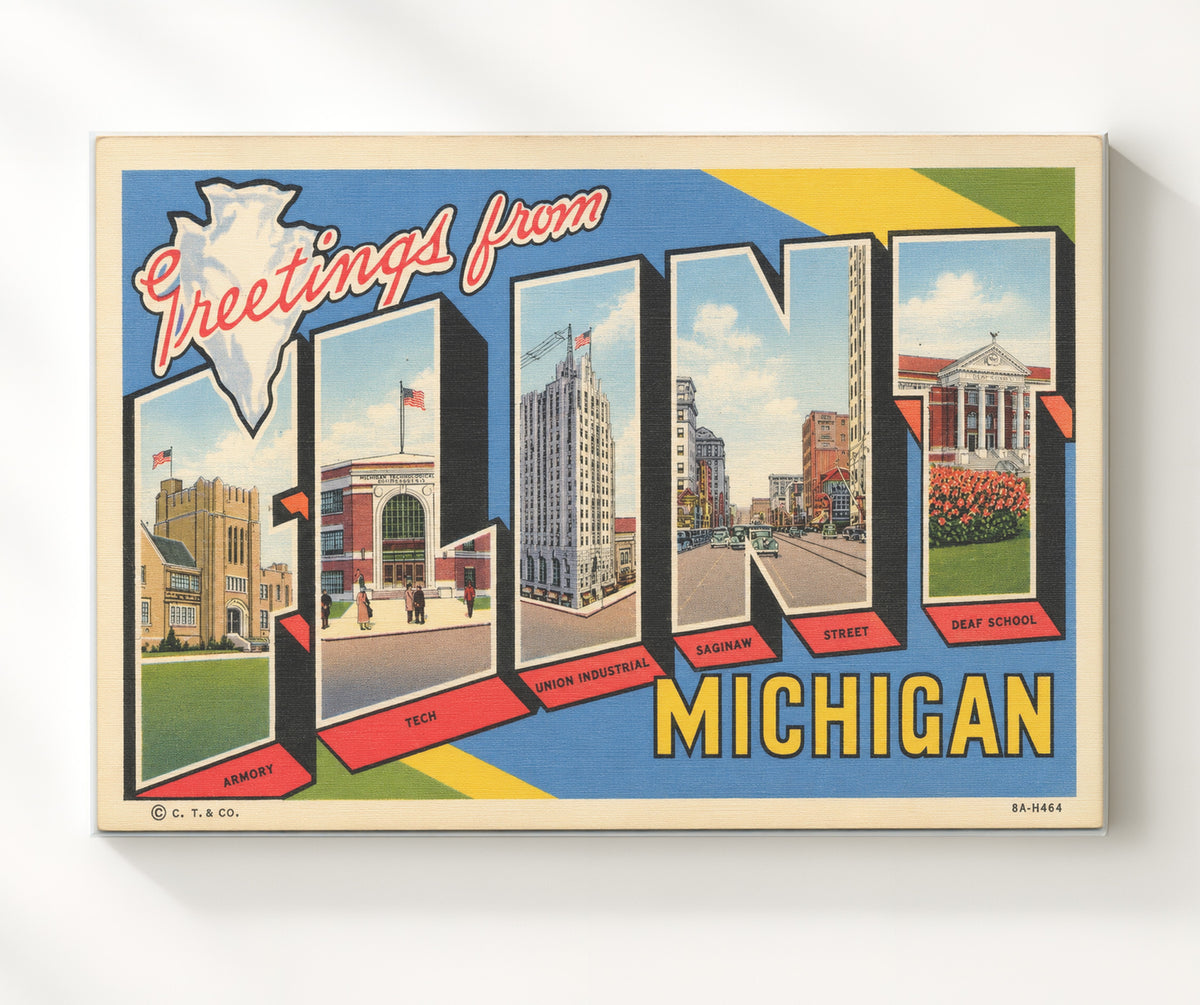 Greetings from Flint, Michigan 8x10 Canvas vintage postcard wall art