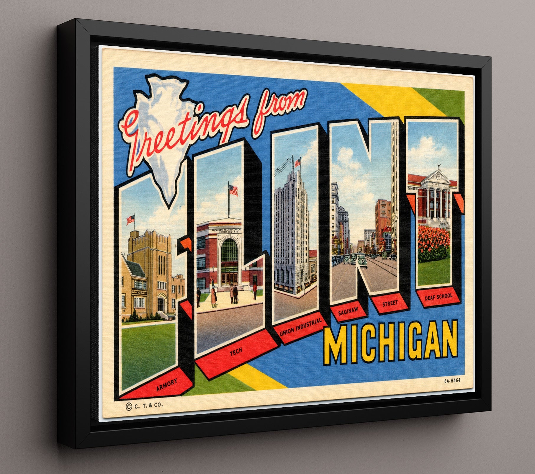 Flint, Michigan Vintage Postcard - Vintage American Wall Art 16x20 Floating Canvas Display wall art print – framed decor