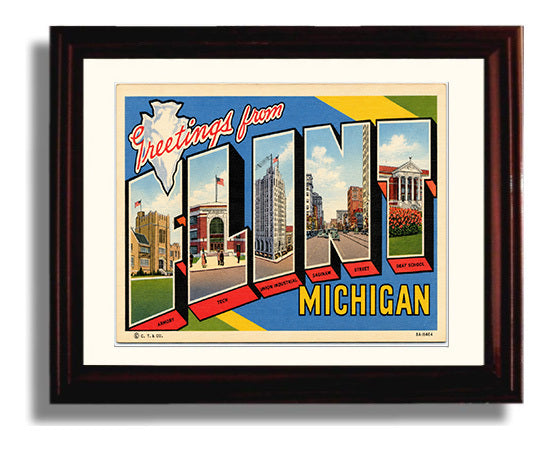Greetings from Flint, Michigan 8x10 Beveled Frame vintage postcard wall art