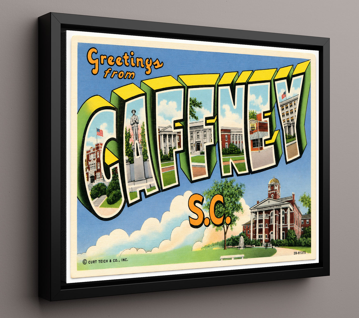 Gaffney, South Carolina Vintage Postcard - Vintage American Wall Art 16x20 Floating Canvas Display wall art print – framed decor