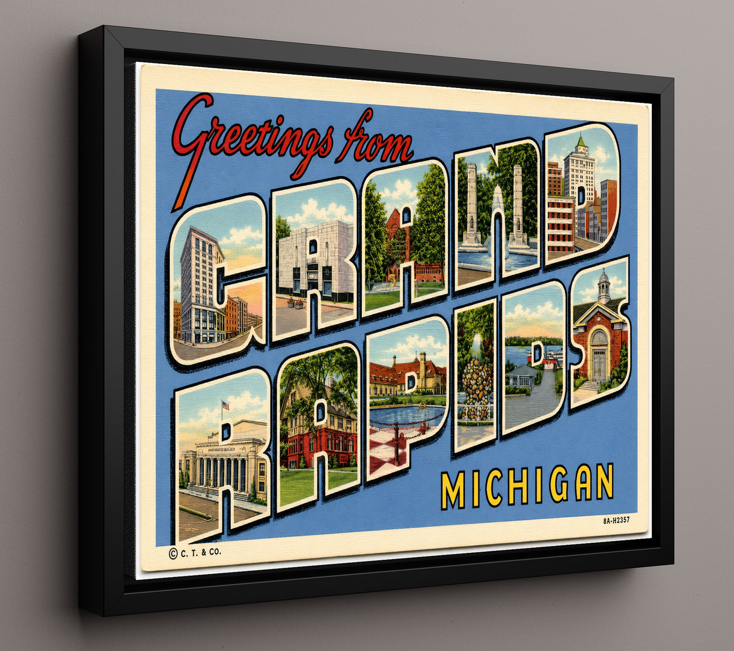 Grand Rapids, Michigan Vintage Postcard - Vintage American Wall Art 16x20 Floating Canvas Display wall art print – framed decor