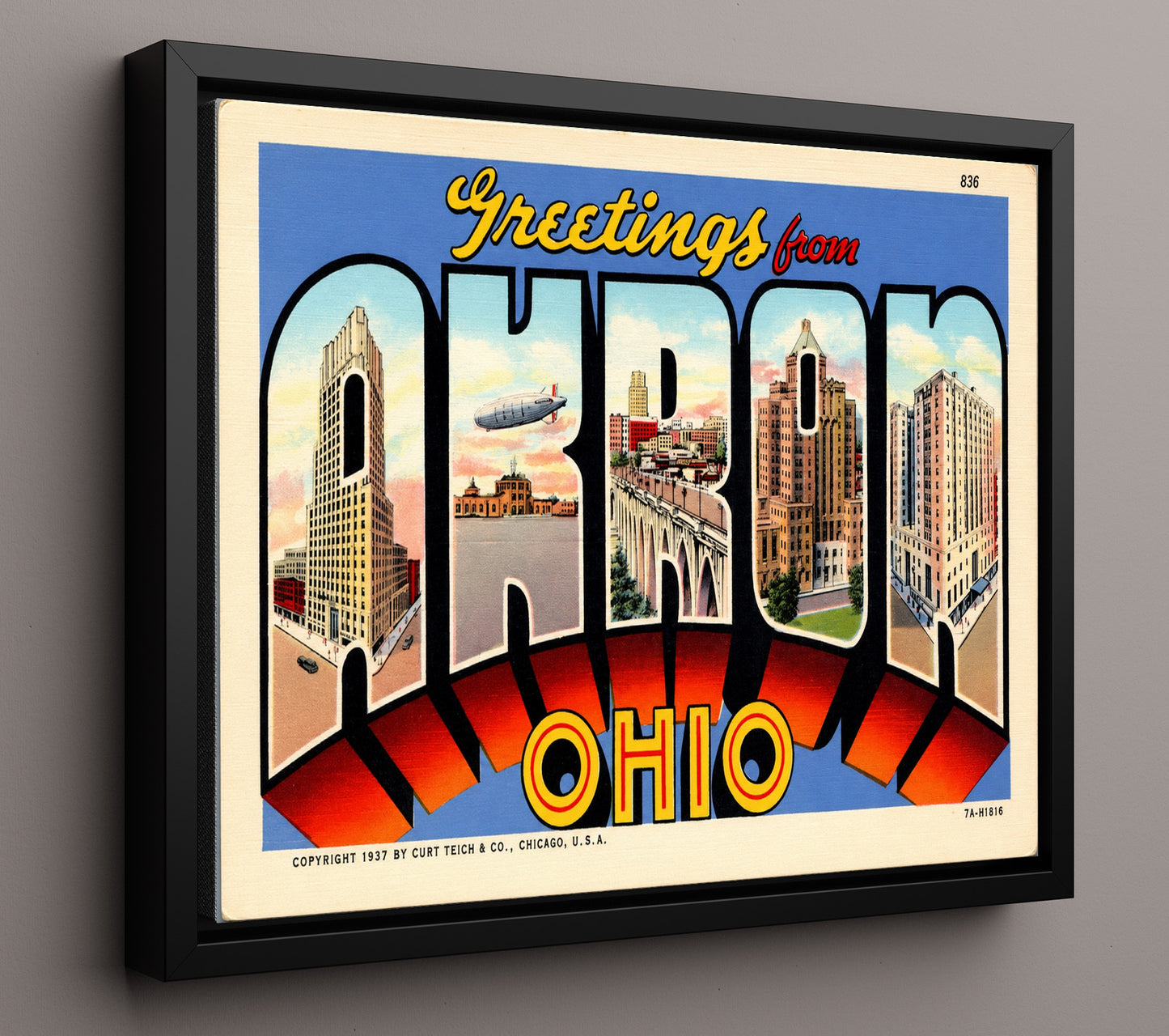 Greetings From Akron, Ohio Vintage Postcard - Vintage American Wall Art 16x20 Floating Canvas Display wall art print – framed decor
