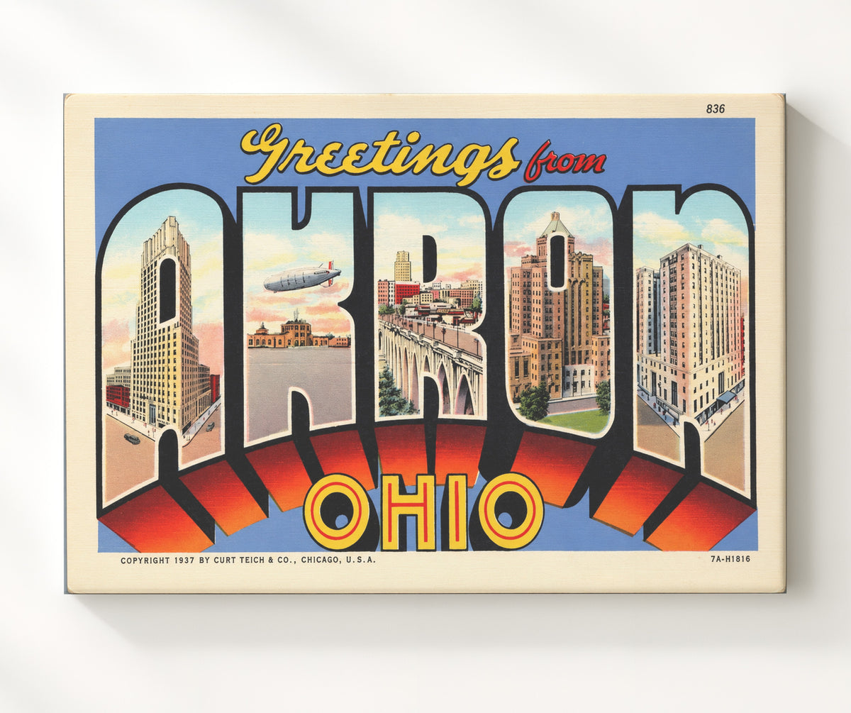 Greetings from Akron, Ohio 8x10 Canvas vintage postcard wall art