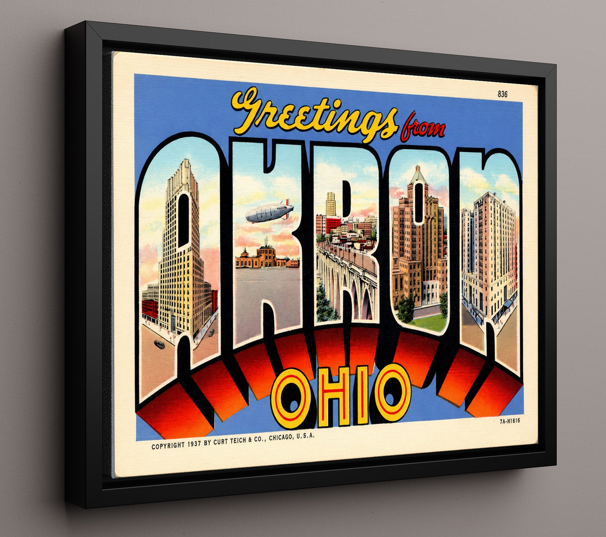 Greetings from Akron, Ohio 8x10 Framed Canvas vintage postcard wall art