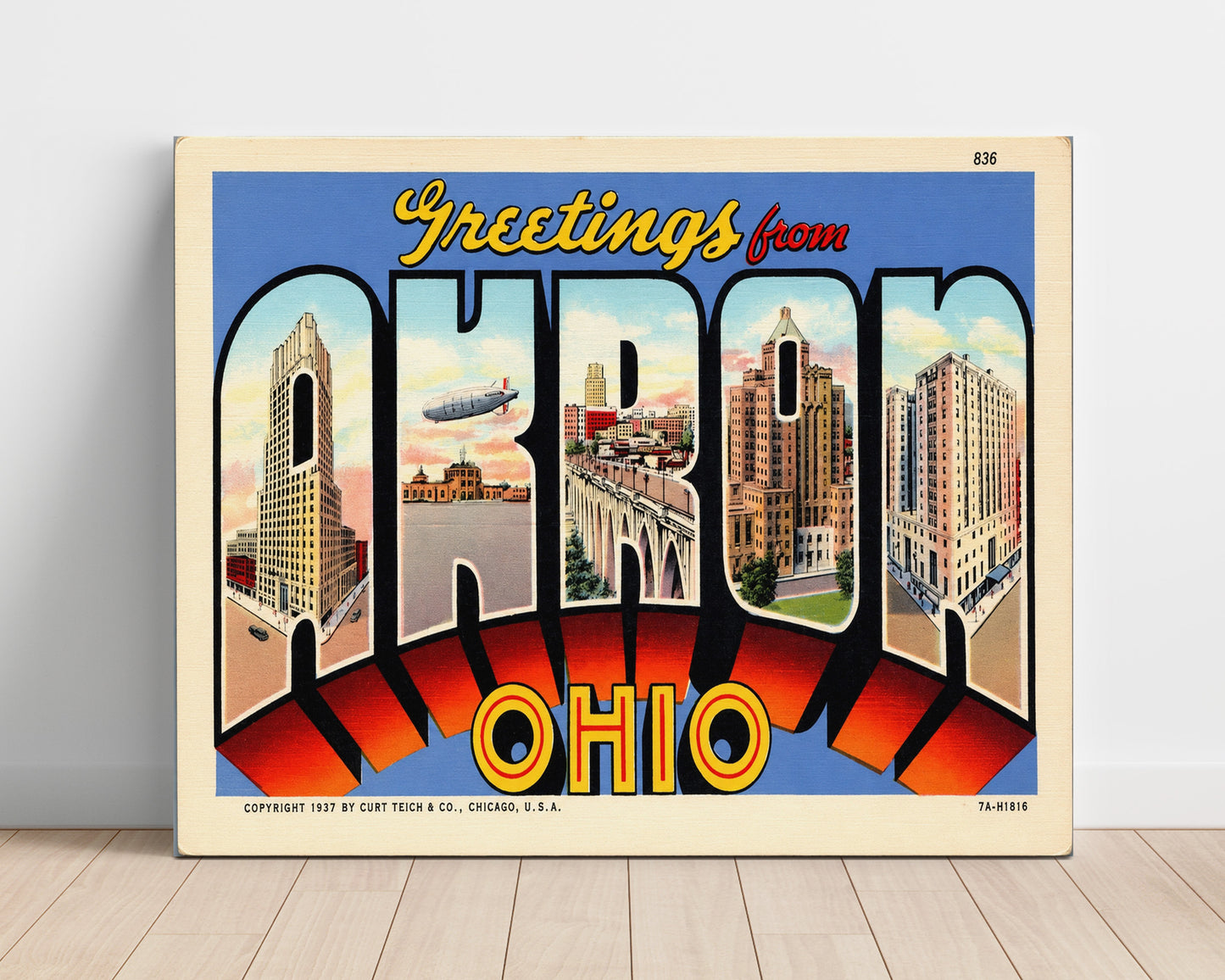 Greetings From Akron, Ohio Vintage Postcard - Vintage American Wall Art Unframed 8x10 in Plastic Sleeve wall art print – unframed decor