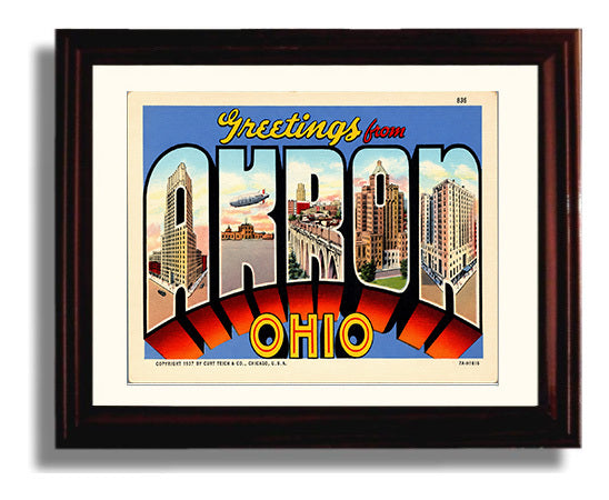 Greetings from Akron, Ohio 8x10 Beveled Frame vintage postcard wall art