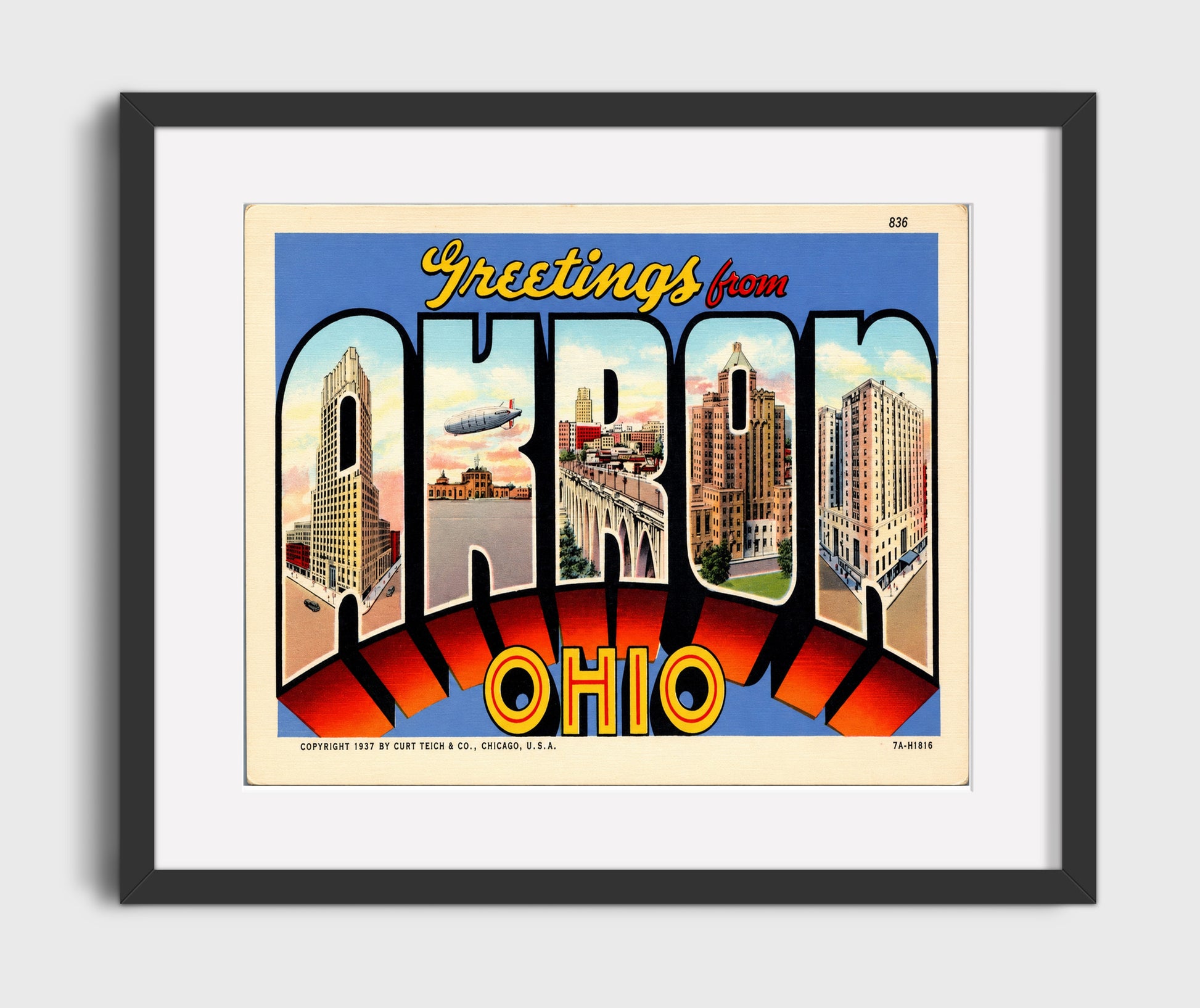 Greetings From Akron, Ohio Vintage Postcard - Vintage American Wall Art 16x20 Gallery Framed Artwork wall art print – framed decor