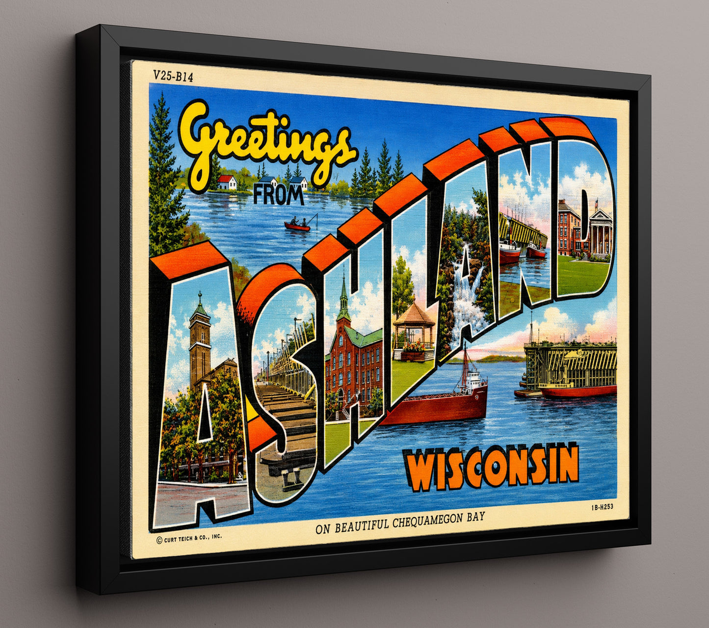 Greetings From Ashland, Wisconsin Vintage Postcard - Vintage American Wall Art 16x20 Floating Canvas Display wall art print – framed decor