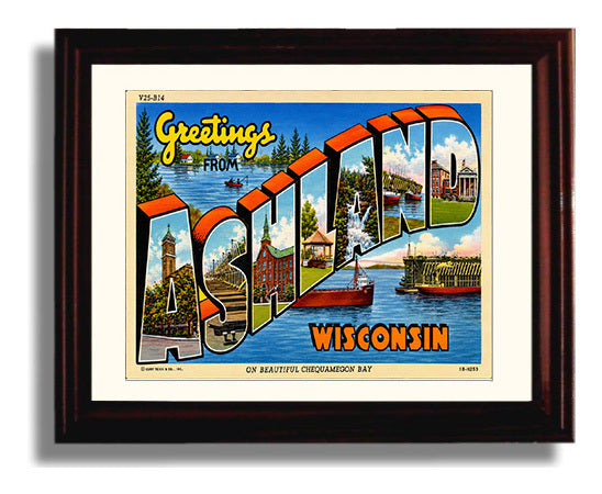 Greetings from Ashland, Wisconsin 8x10 Beveled Frame vintage postcard wall art