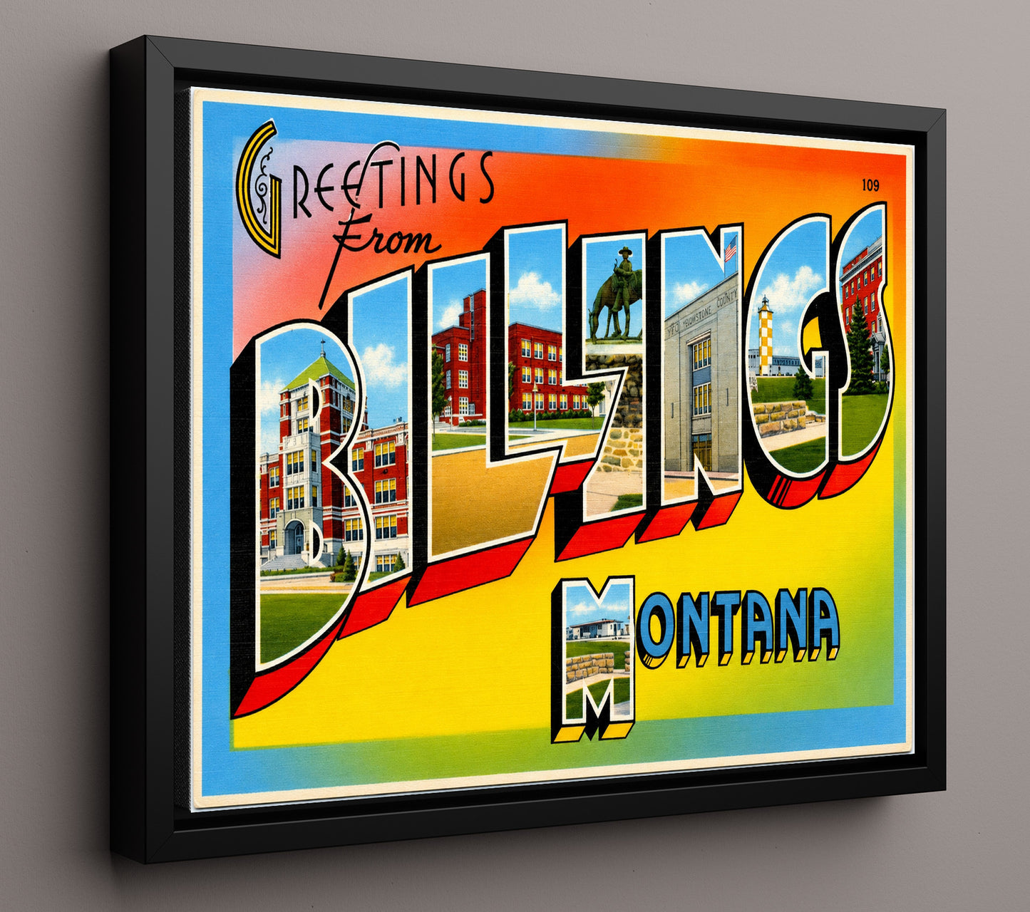 Greetings From Billings, Montana Vintage Postcard - Vintage American Wall Art 16x20 Floating Canvas Display wall art print – framed decor