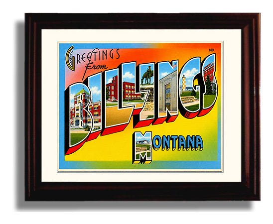 Greetings From Billings, Montana Vintage Postcard - Vintage American Wall Art Framed 8x10 Matted Beveled Frame wall art print – framed decor