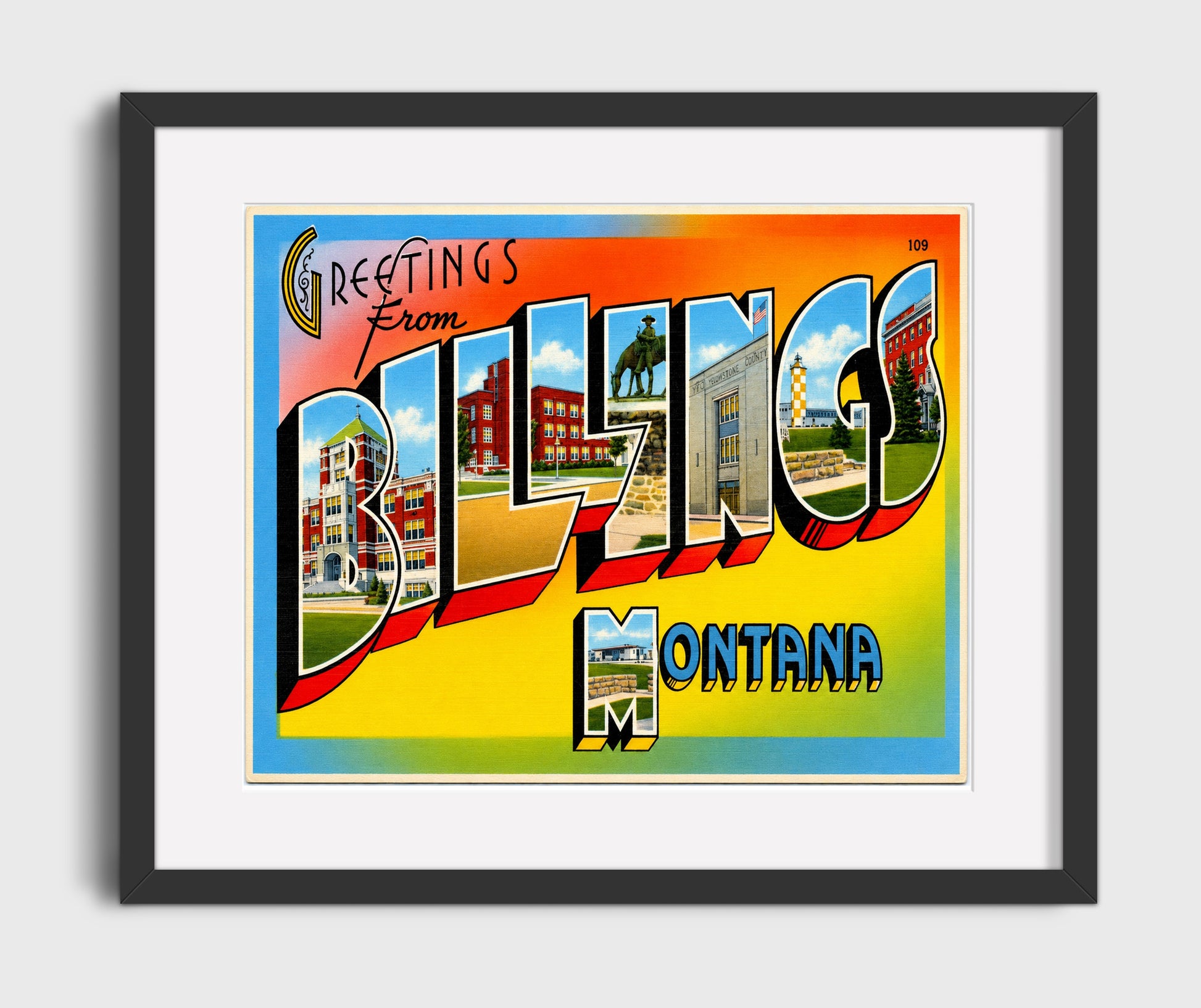 Greetings From Billings, Montana Vintage Postcard - Vintage American Wall Art 16x20 Gallery Framed Artwork wall art print – framed decor