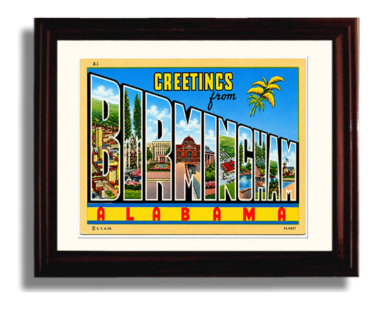 Greetings From Birmingham, Alabama Vintage Postcard - Vintage American Wall Art Framed 8x10 Matted Beveled Frame wall art print – framed decor