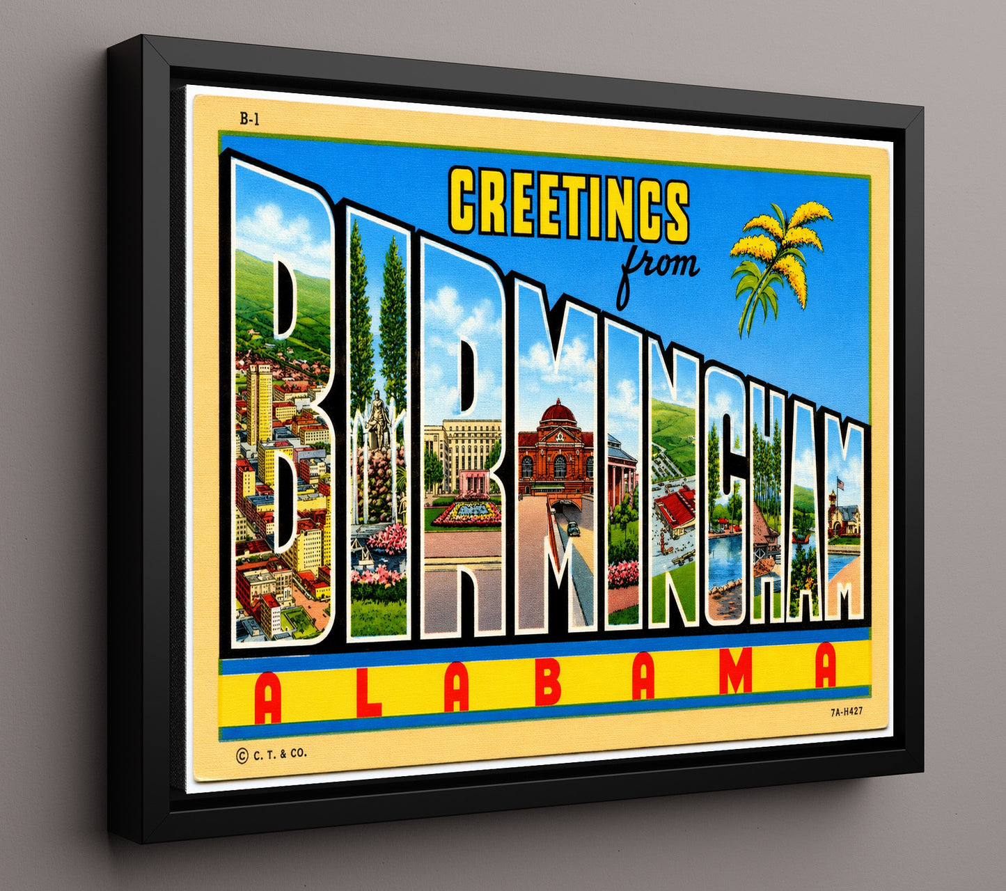 Greetings From Birmingham, Alabama Vintage Postcard - Vintage American Wall Art 16x20 Floating Canvas Display wall art print – framed decor
