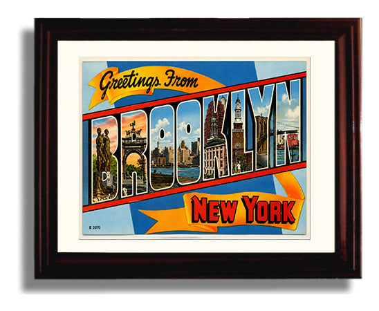 Greetings From Brooklyn, New York Vintage Postcard - Vintage American Wall Art Framed 8x10 Matted Beveled Frame wall art print – framed decor
