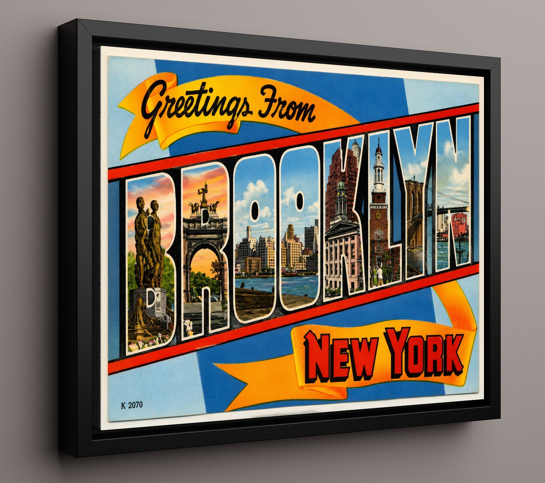 Greetings From Brooklyn, New York Vintage Postcard - Vintage American Wall Art 16x20 Floating Canvas Display wall art print – framed decor