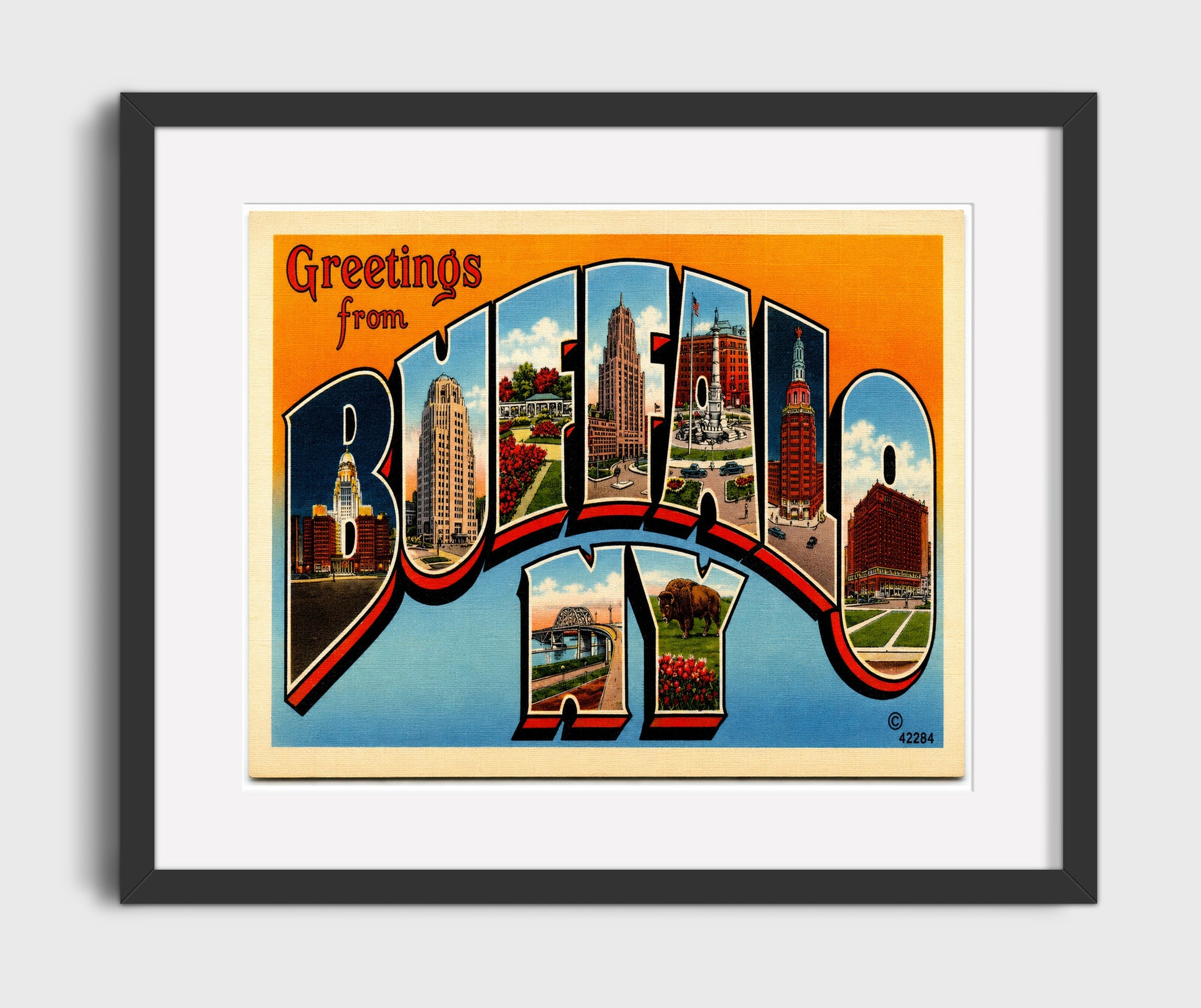 Greetings From Buffalo, New York Vintage Postcard - Vintage American Wall Art 16x20 Gallery Framed Artwork wall art print – framed decor