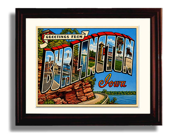 Greetings From Burlington, Iowa Vintage Postcard - Vintage American Wall Art Framed 8x10 Matted Beveled Frame wall art print – framed decor