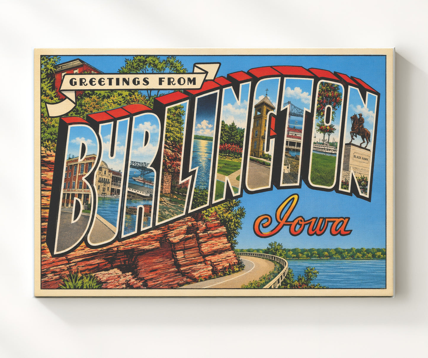 Greetings From Burlington, Iowa Vintage Postcard - Vintage American Wall Art 16x20 Canvas Wall Art wall art print – canvas decor