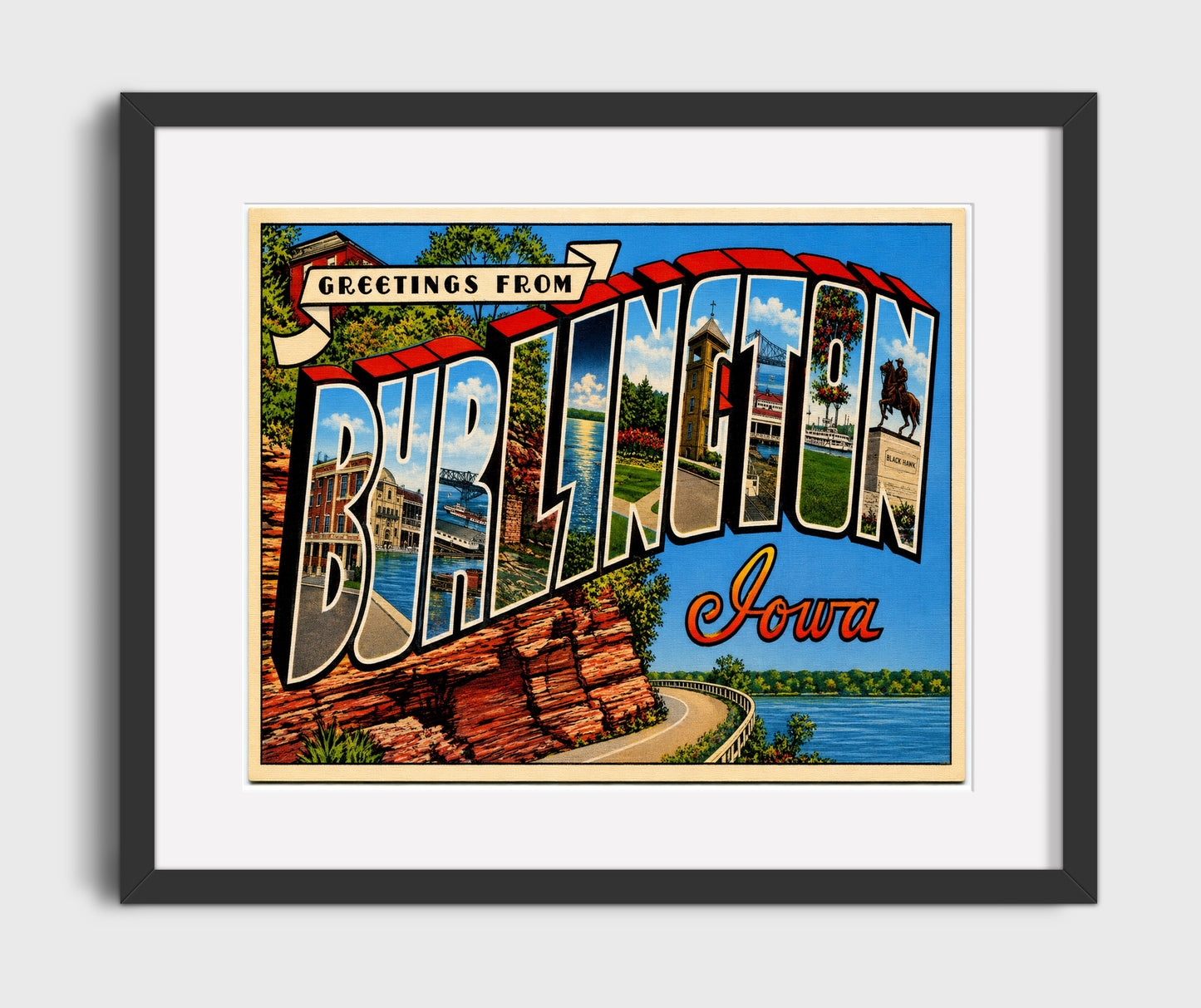 Greetings From Burlington, Iowa Vintage Postcard - Vintage American Wall Art 16x20 Gallery Framed Artwork wall art print – framed decor