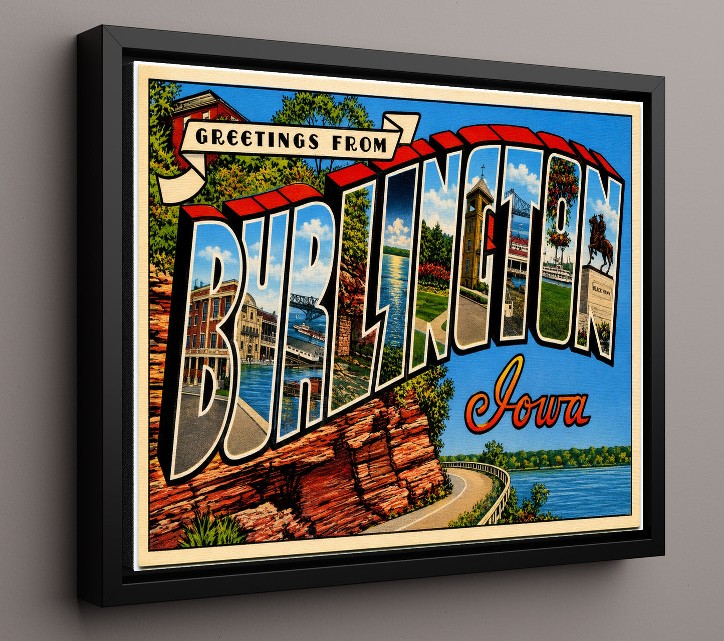Greetings From Burlington, Iowa Vintage Postcard - Vintage American Wall Art 16x20 Floating Canvas Display wall art print – framed decor