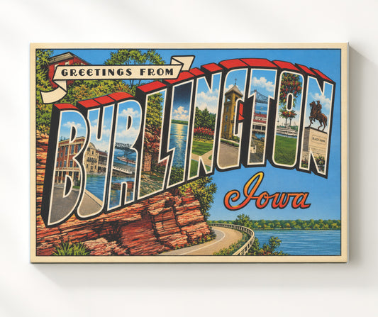 Greetings from Burlington, Iowa 8x10 Canvas vintage postcard wall art