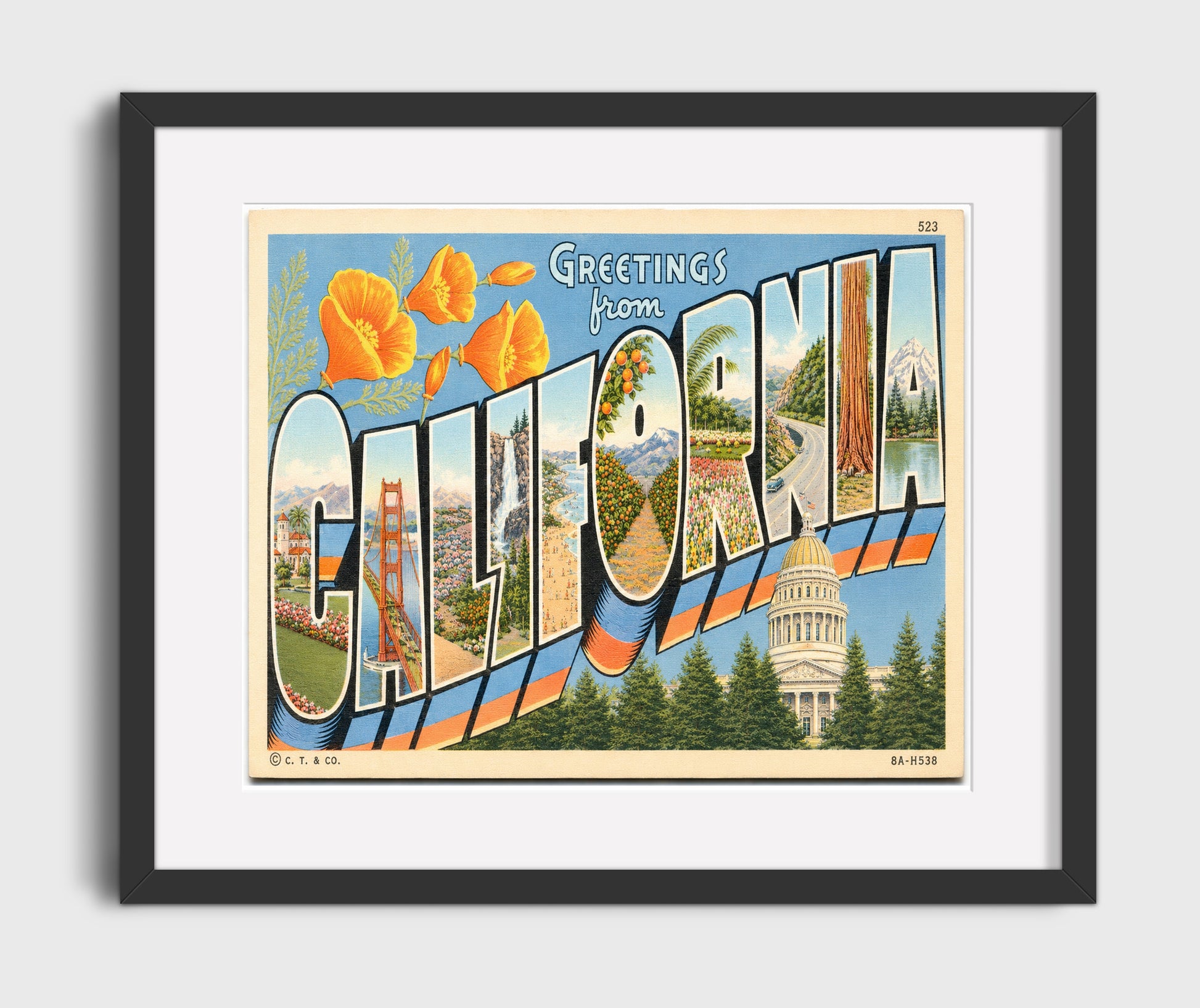 Greetings From, California Vintage Postcard - Vintage American Wall Art 16x20 Gallery Framed Artwork wall art print – framed decor