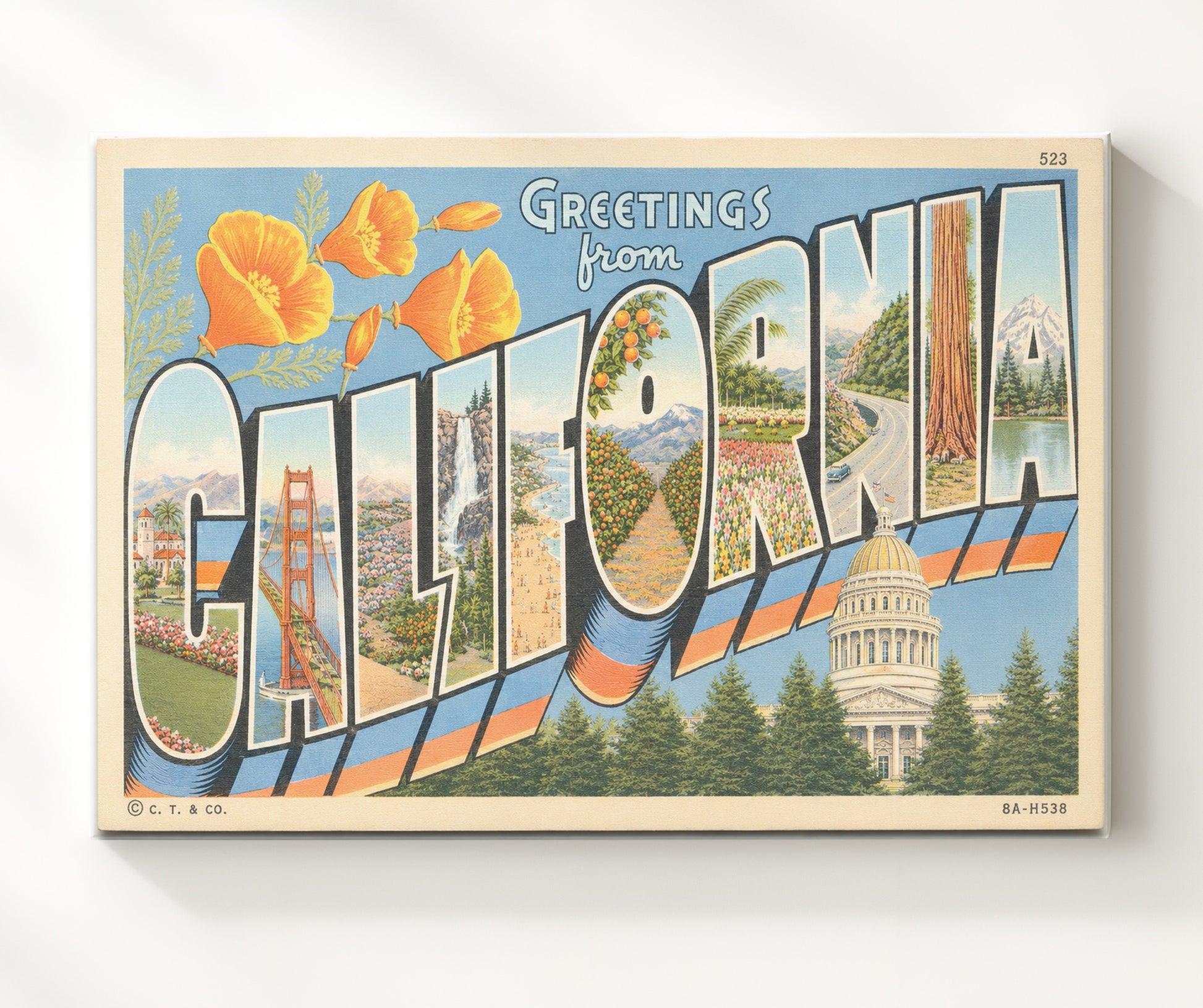 Greetings from California 8x10 Canvas vintage postcard wall art
