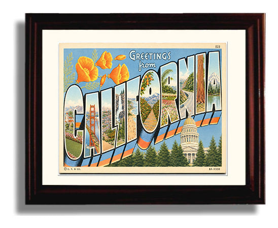 Greetings From, California Vintage Postcard - Vintage American Wall Art Framed 8x10 Matted Beveled Frame wall art print – framed decor