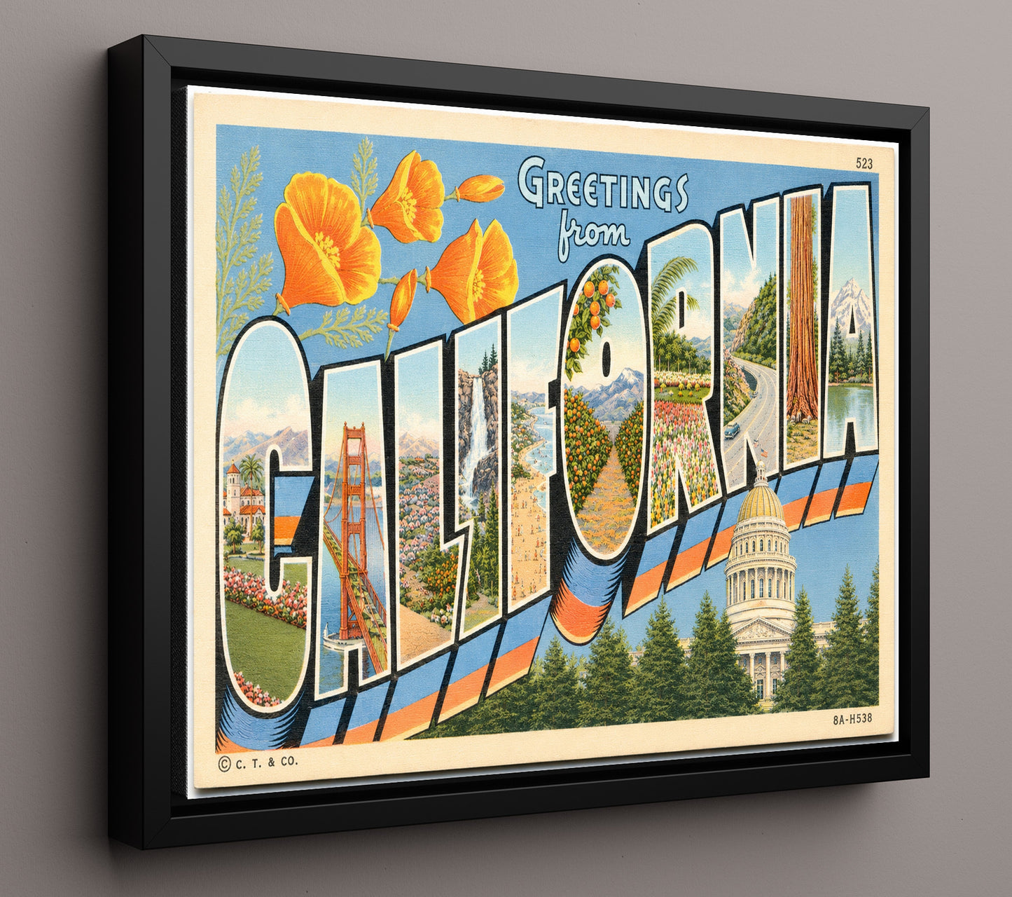Greetings From, California Vintage Postcard - Vintage American Wall Art 16x20 Floating Canvas Display wall art print – framed decor