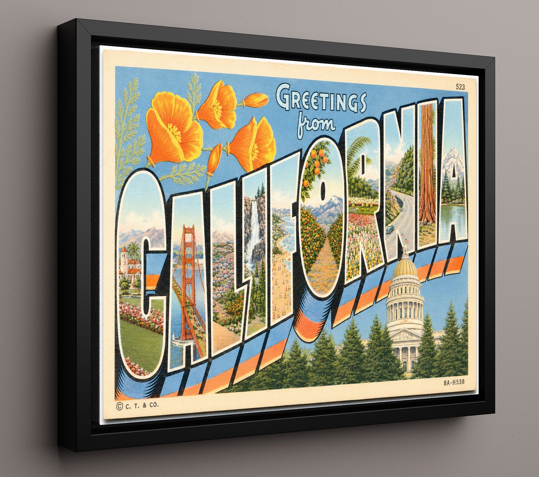 Greetings From, California Vintage Postcard - Vintage American Wall Art 16x20 Floating Canvas Display wall art print – framed decor