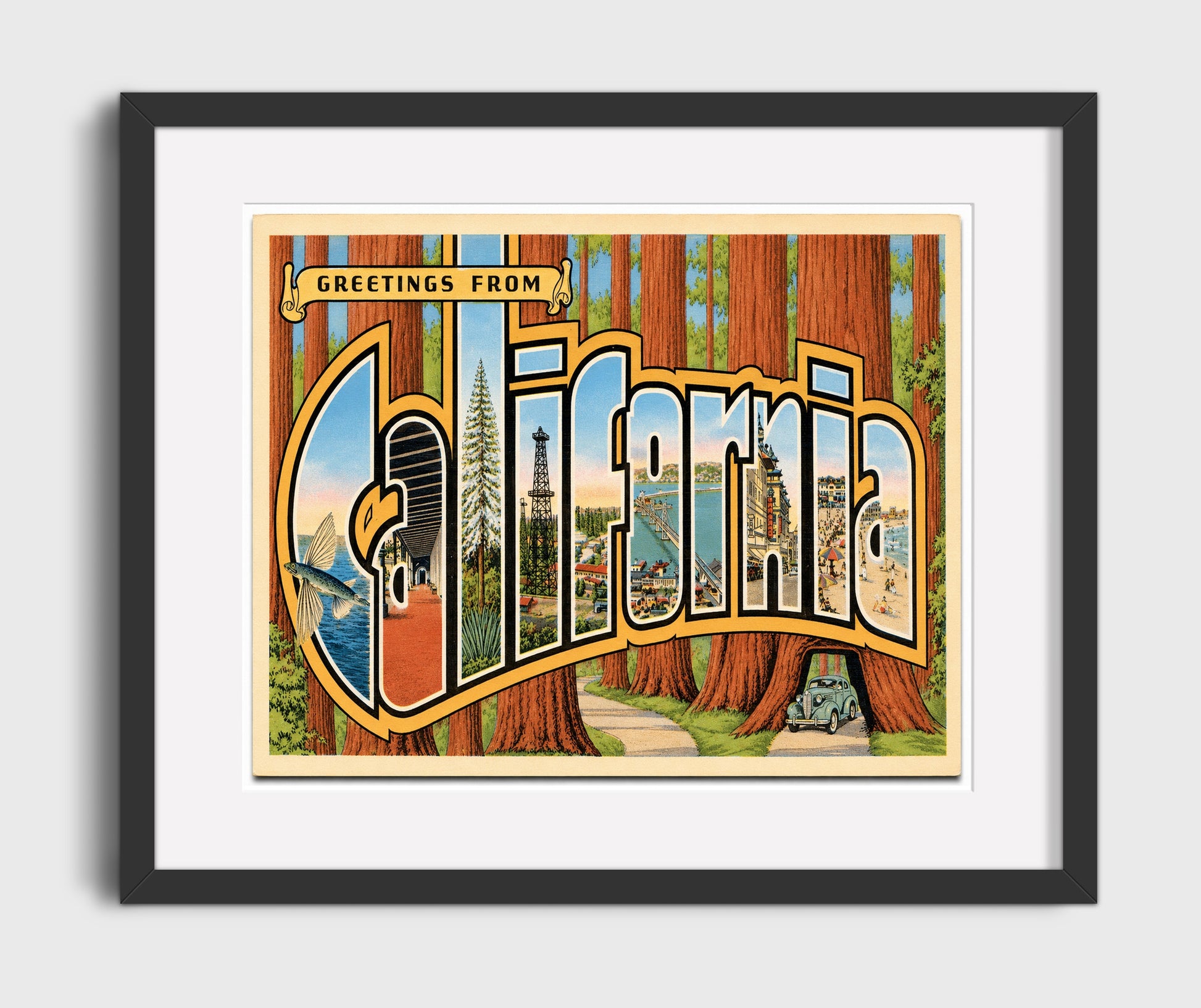 Greetings From California - Redwoods Vintage Postcard - Vintage American Wall Art 16x20 Gallery Framed Artwork wall art print – framed decor