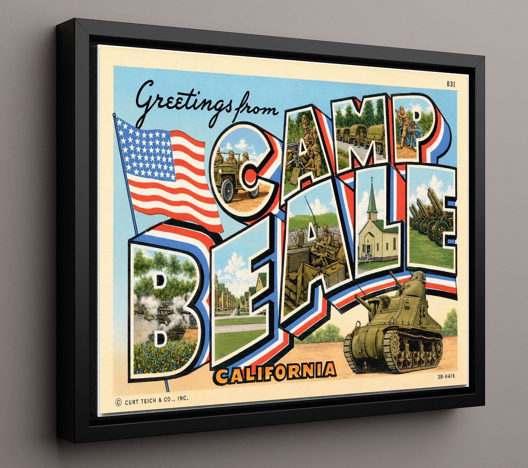 Greetings From Camp Beale, California Vintage Postcard - Vintage American Wall Art 16x20 Floating Canvas Display wall art print – framed decor