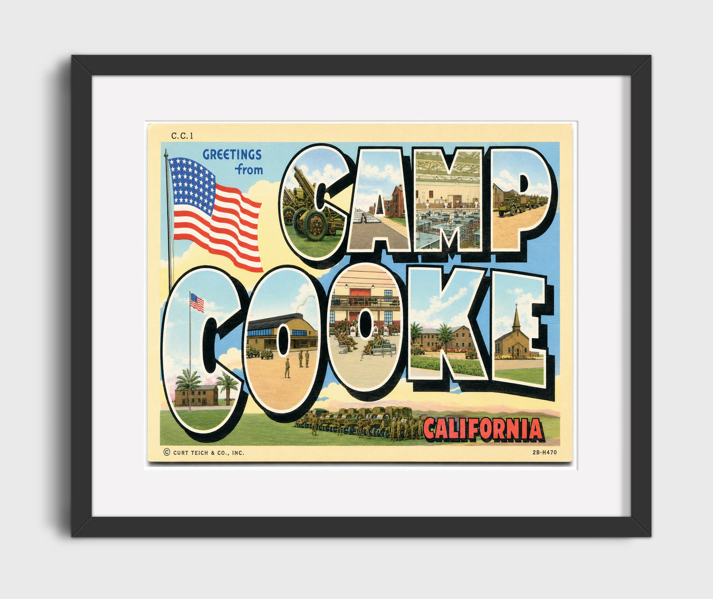 Greetings From Camp Cooke, California Vintage Postcard - Vintage American Wall Art 16x20 Gallery Framed Artwork wall art print – framed decor