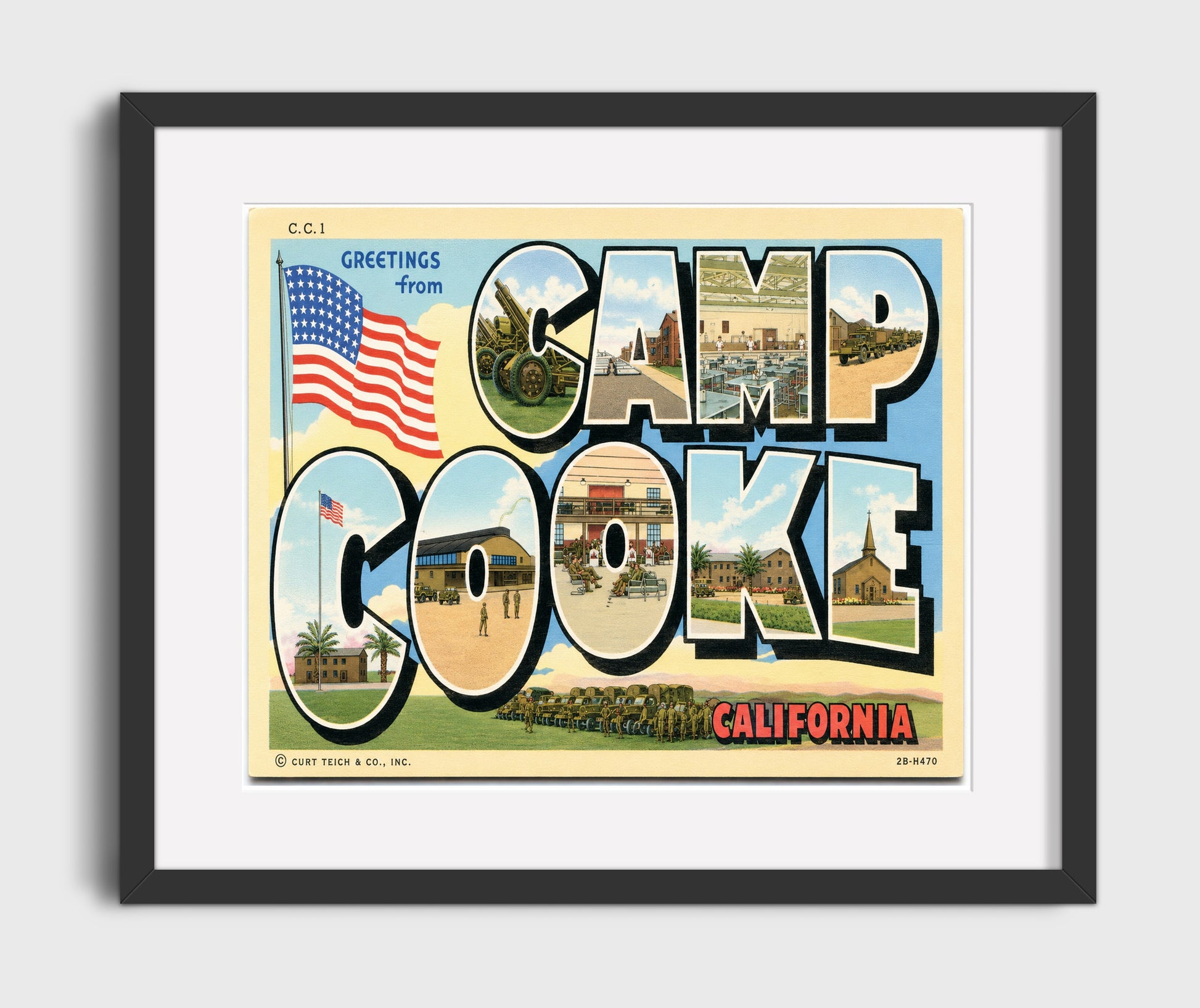 Greetings From Camp Cooke, California Vintage Postcard - Vintage American Wall Art 16x20 Gallery Framed Artwork wall art print – framed decor