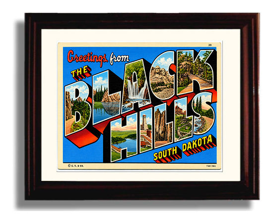 Greetings From The Black Hills, South Dakota Vintage Postcard - Vintage American Wall Art Framed 8x10 Matted Beveled Frame wall art print – framed decor