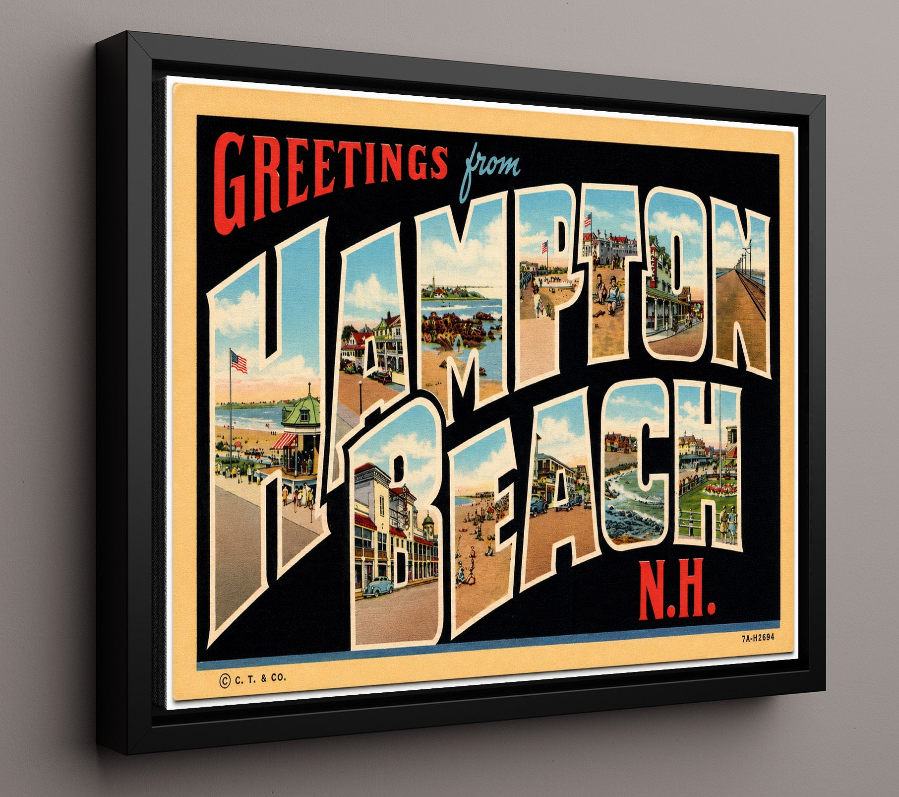 Greetings from Hampton Beach, New Hampshire 8x10 Framed Canvas vintage postcard wall art