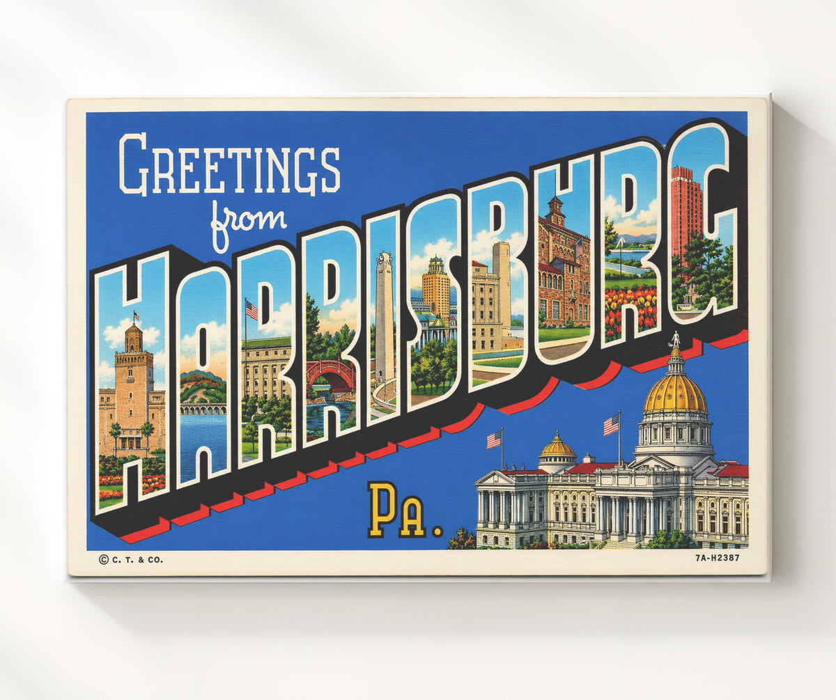 Greetings from Harrisburg, Pennsylvania 8x10 Canvas vintage postcard wall art