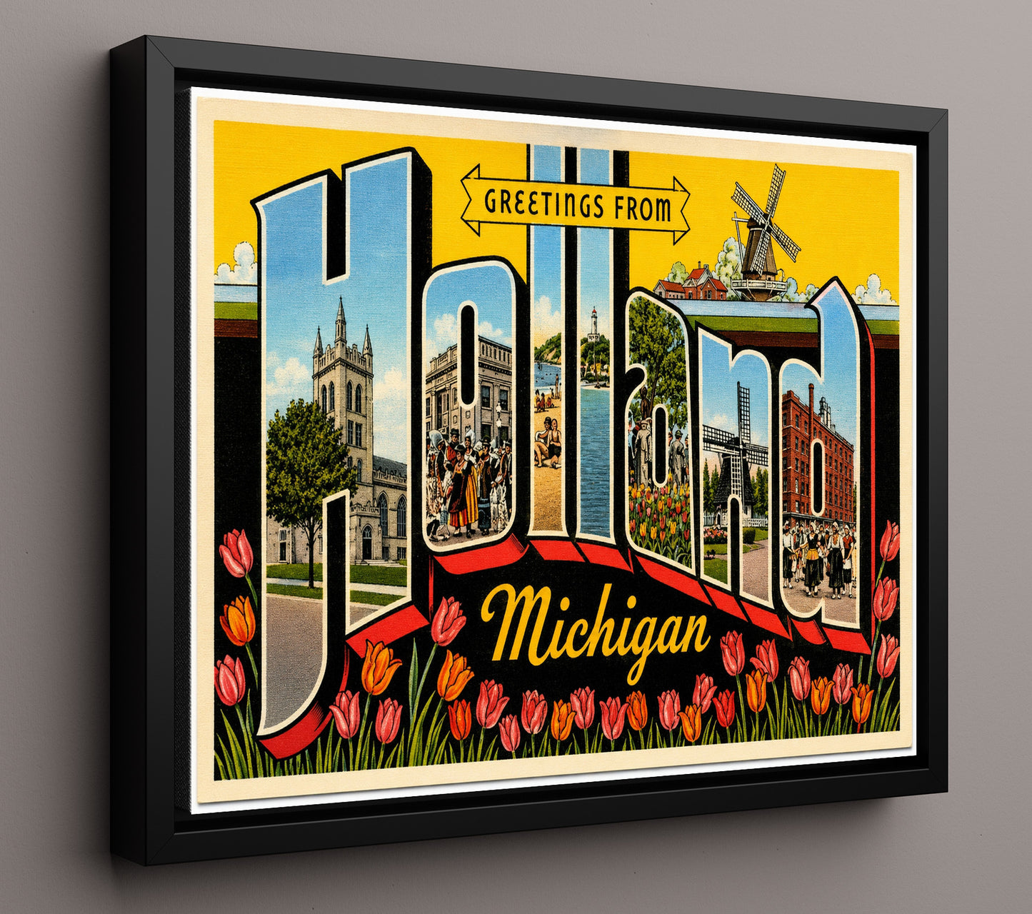 Holland, Michigan Vintage Postcard - Vintage American Wall Art 16x20 Floating Canvas Display wall art print – framed decor