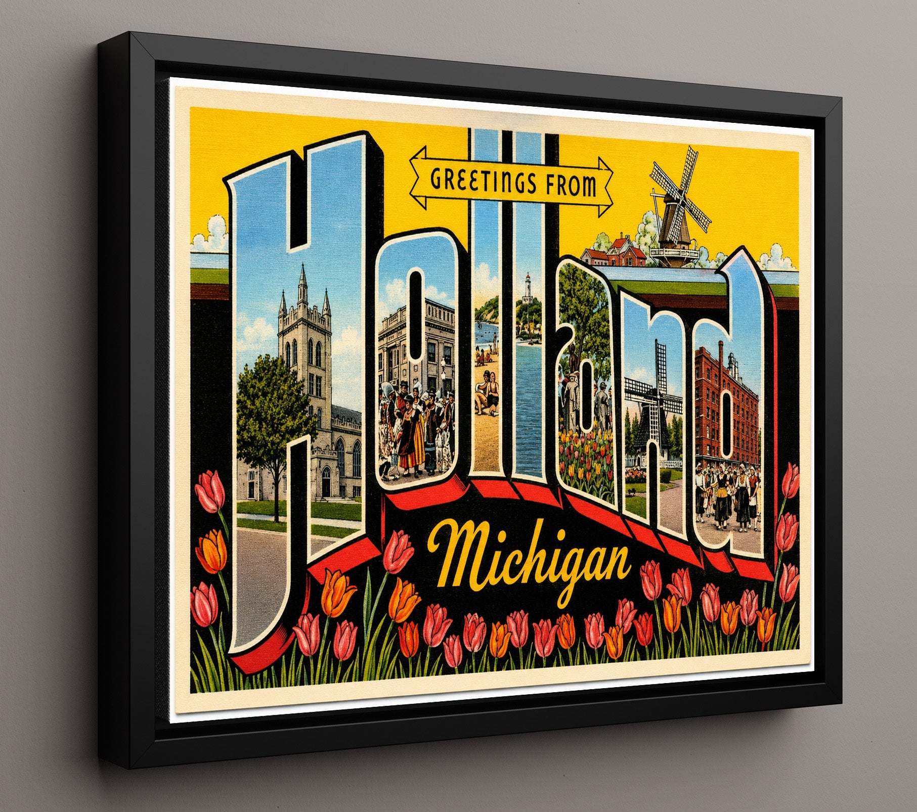 Holland, Michigan Vintage Postcard - Vintage American Wall Art 16x20 Floating Canvas Display wall art print – framed decor