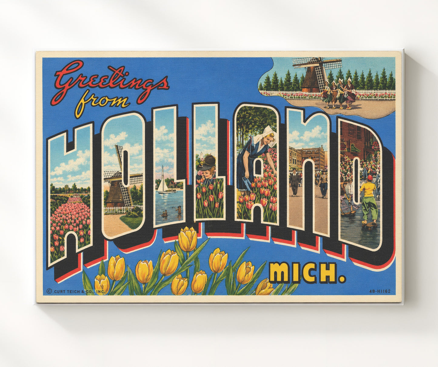 Greetings from Holland, Michigan - Tulip Festival 8x10 Canvas vintage postcard wall art