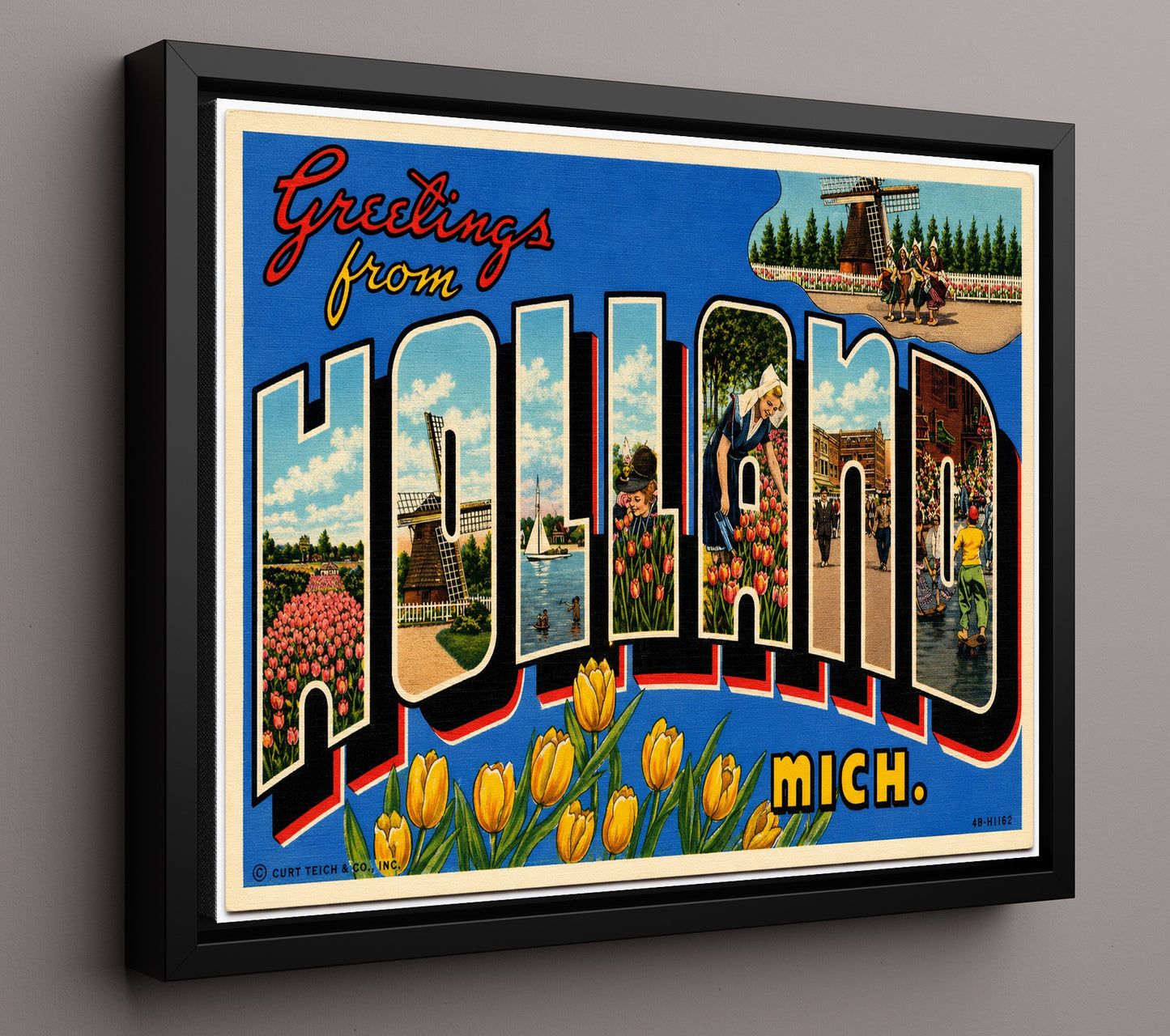 Greetings from Holland, Michigan - Tulip Festival 8x10 Framed Canvas vintage postcard wall art