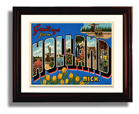 Greetings from Holland, Michigan - Tulip Festival 8x10 Beveled Frame vintage postcard wall art