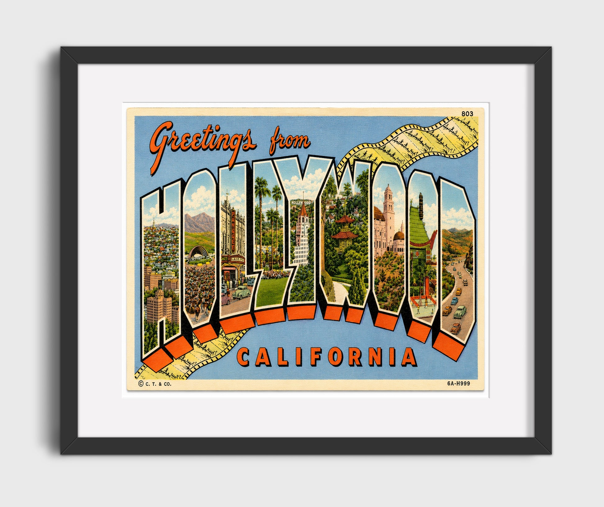 Hollywood, California Vintage Postcard - Vintage American Wall Art 16x20 Gallery Framed Artwork wall art print – framed decor