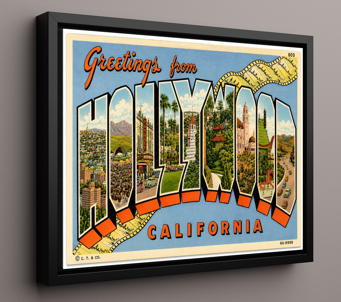 Hollywood, California Vintage Postcard - Vintage American Wall Art 16x20 Floating Canvas Display wall art print – framed decor