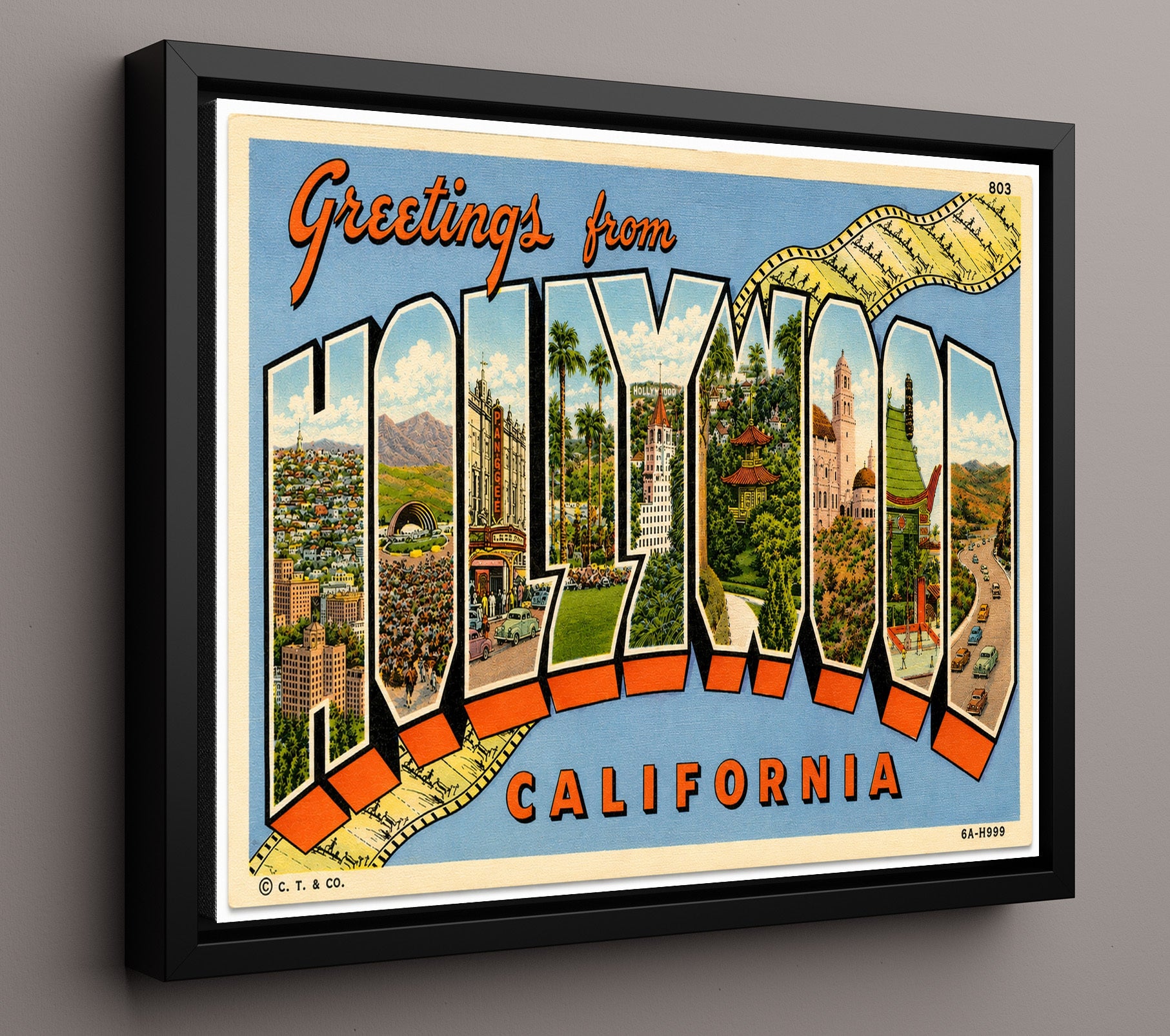 Hollywood, California Vintage Postcard - Vintage American Wall Art 16x20 Floating Canvas Display wall art print – framed decor