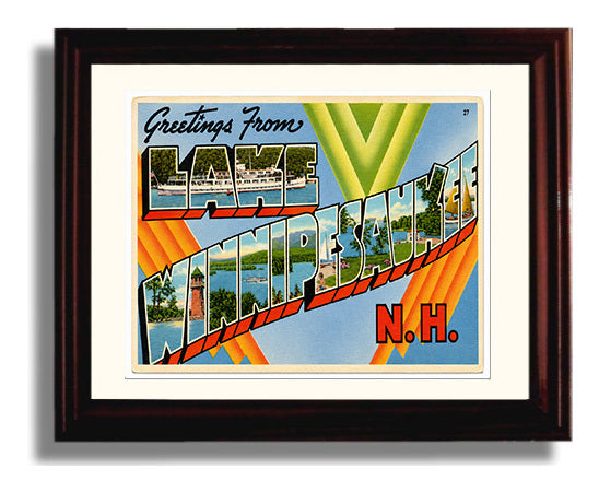 Lake Winnipesaukee, New Hampshire Vintage Postcard - Vintage American Wall Art Framed 8x10 Matted Beveled Frame wall art print – framed decor