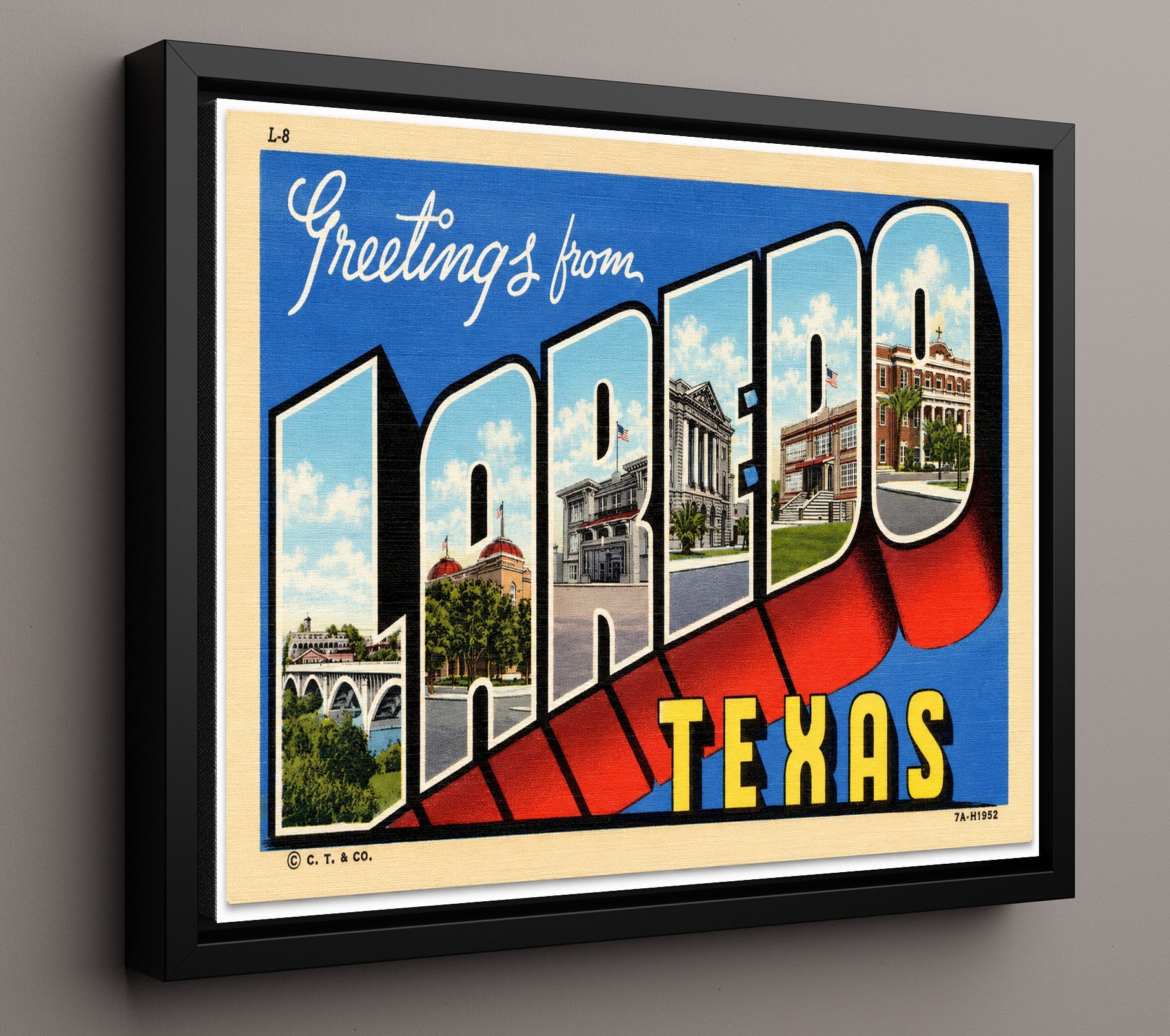 Laredo, Texas Vintage Postcard - Vintage American Wall Art 16x20 Floating Canvas Display wall art print – framed decor