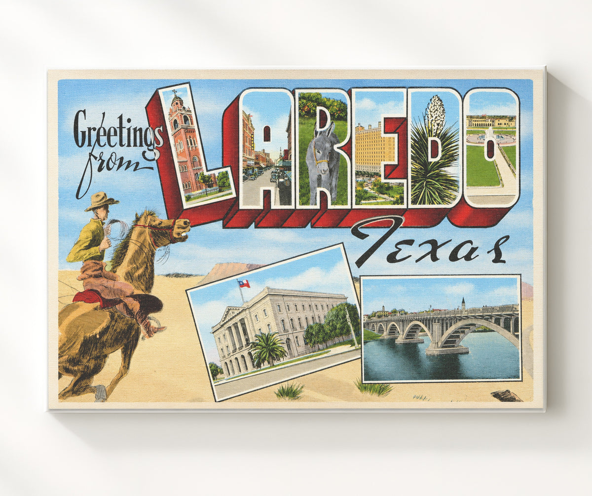 Greetings from Laredo, Texas - Cowboy Design 8x10 Canvas vintage postcard wall art