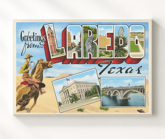 Greetings from Laredo, Texas - Cowboy Design 8x10 Canvas vintage postcard wall art